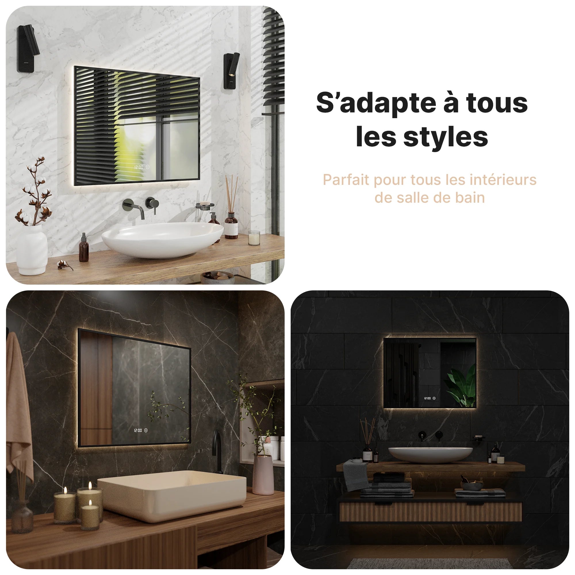 miroir de salle de bain - 80x60cm - Rectangulaire - Cadre Noir