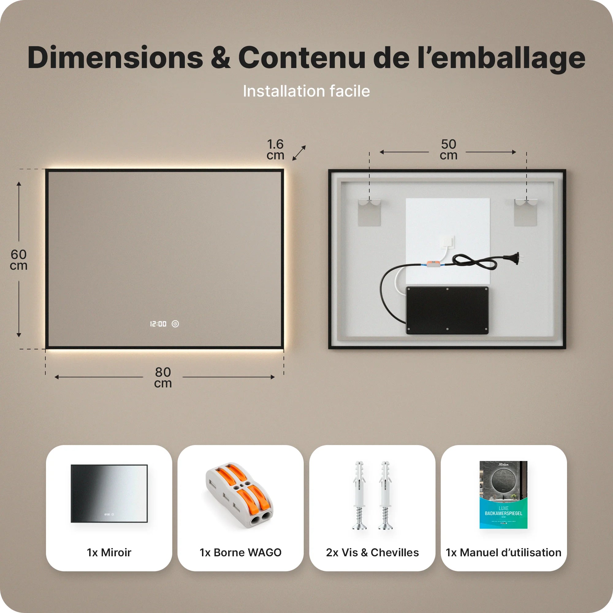 miroir de salle de bain - 80x60cm - Rectangulaire - Cadre Noir