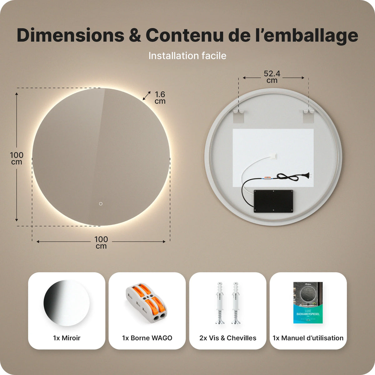 Miroir de salle de bains - 100 cm - Sans cadre