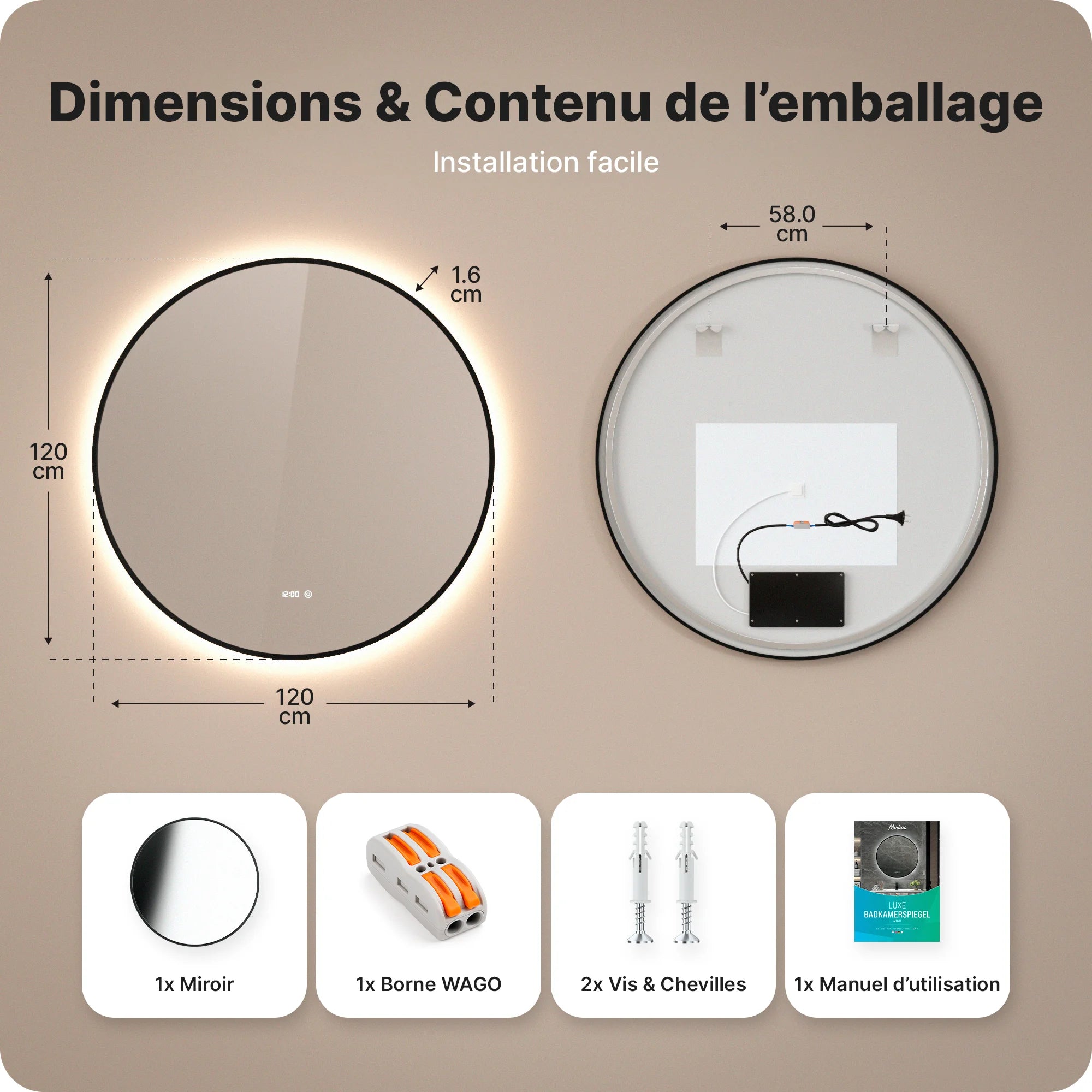 Miroir de salle de bains - 120 cm - Cadre noir