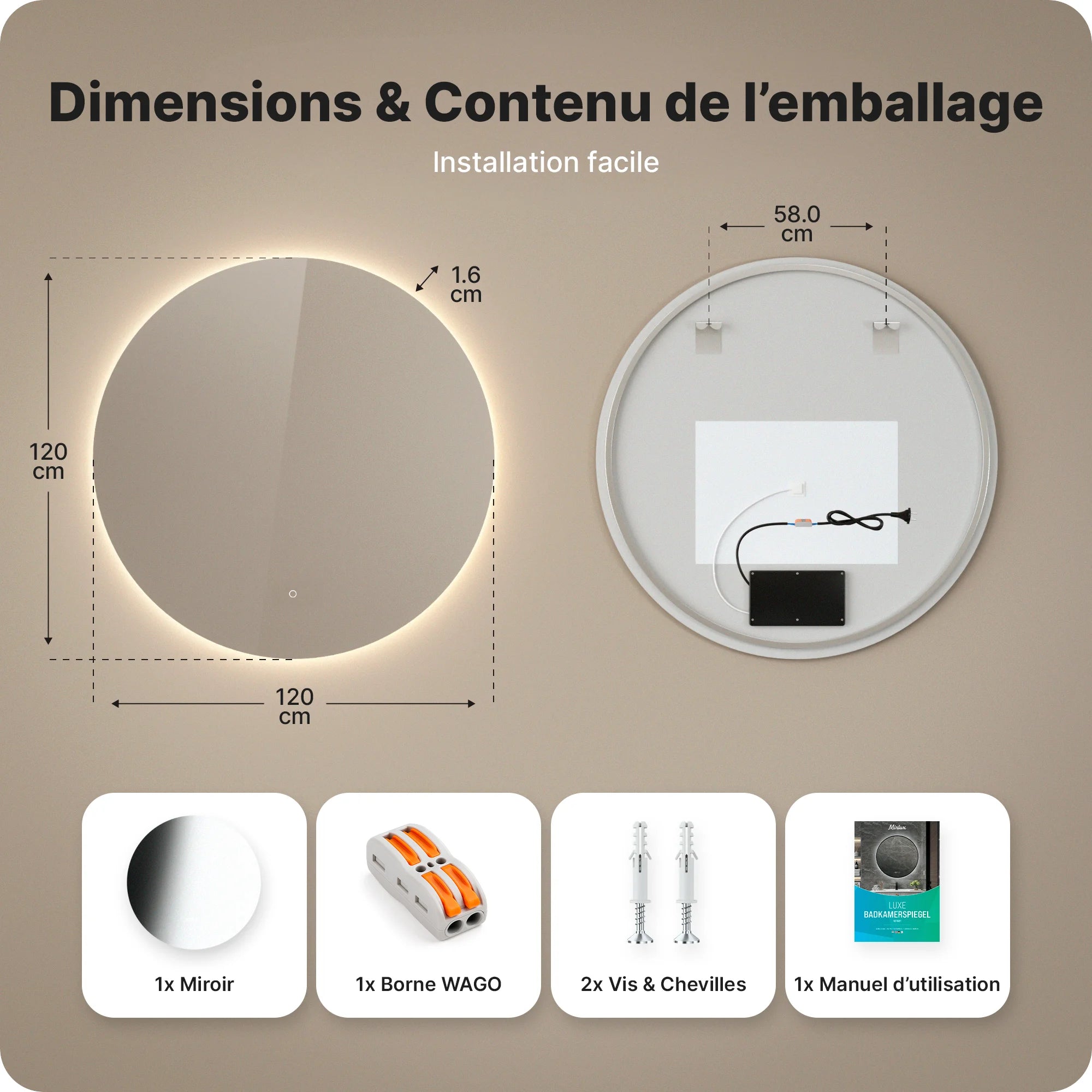 Miroir de salle de bains - 120 cm - Sans cadre