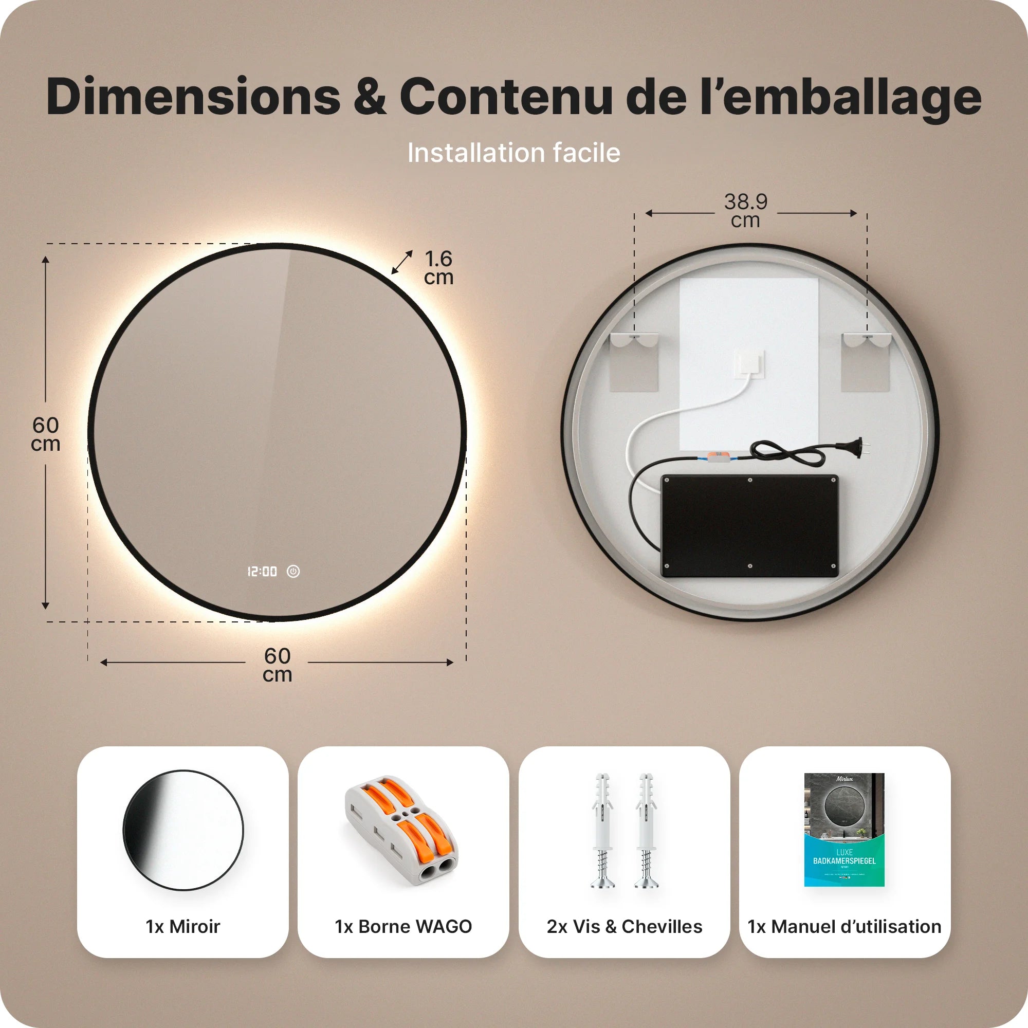 Miroir de salle de bain - 60cm - Cadre noir