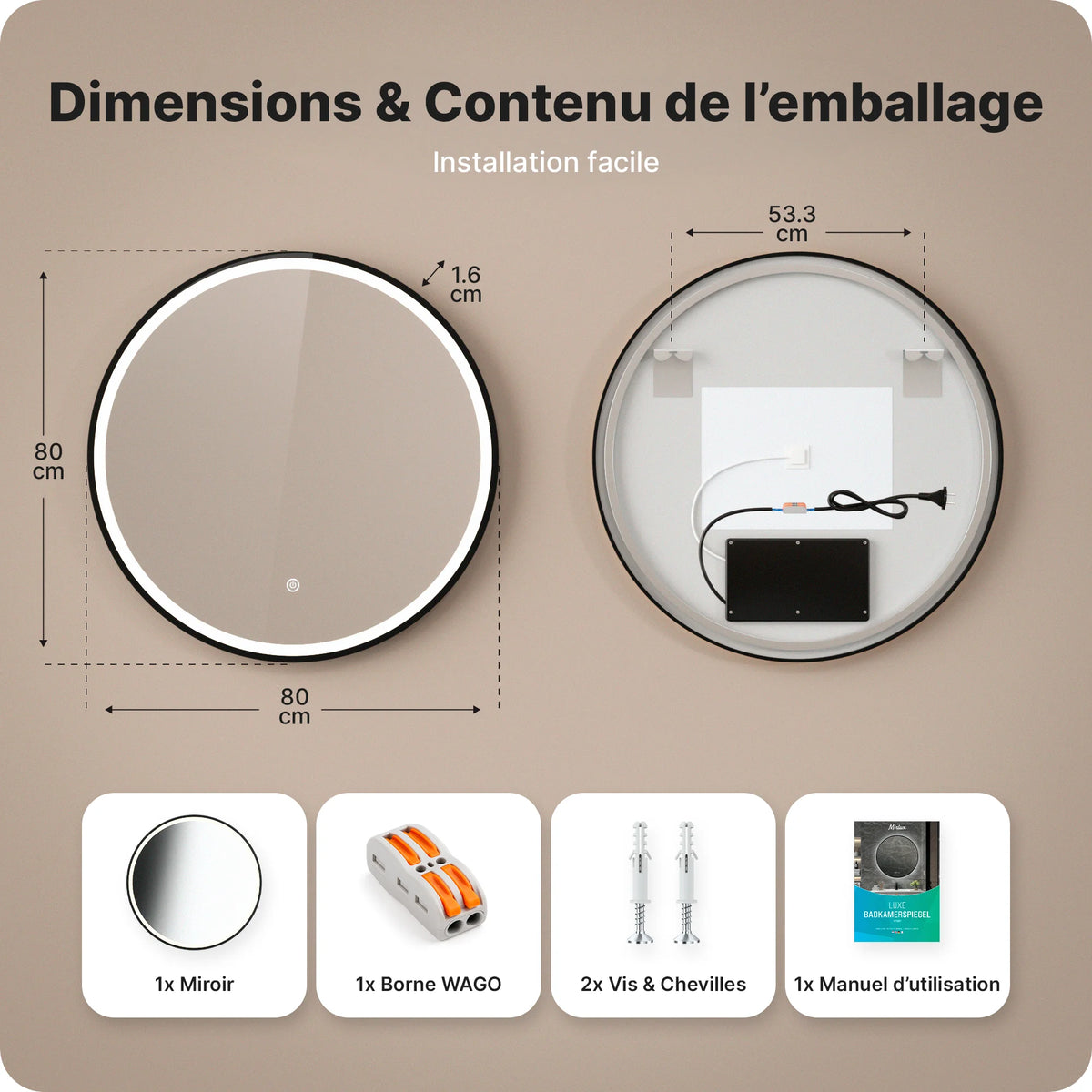 Miroir de salle de bain - 80cm - Cadre noir