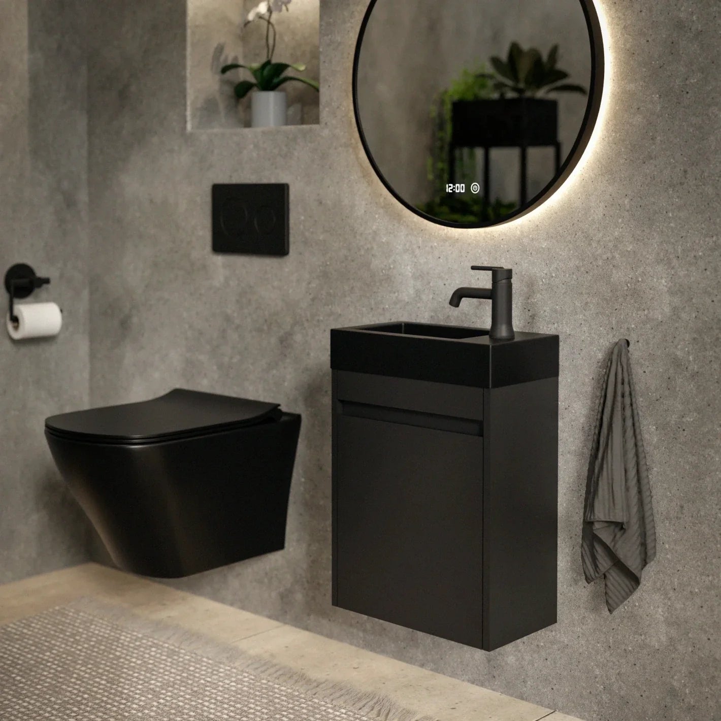 Meuble de toilette Elen – 40 cm – Noir mat – Vasque noire - Précommander