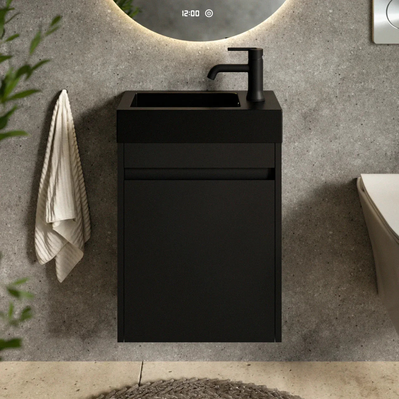 Meuble de toilette Elen – 40 cm – Noir mat – Vasque noire - Précommander