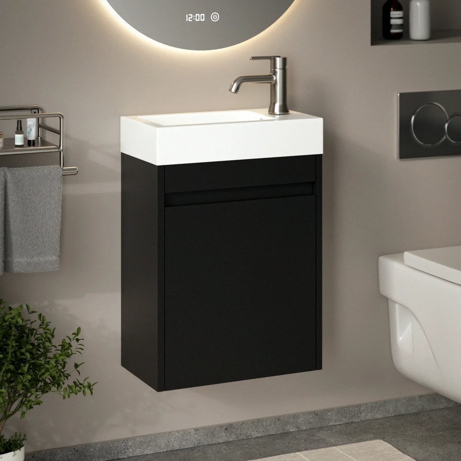Meuble de toilette Vivo – 40 cm – Noir mat – Vasque blanche - Précommander