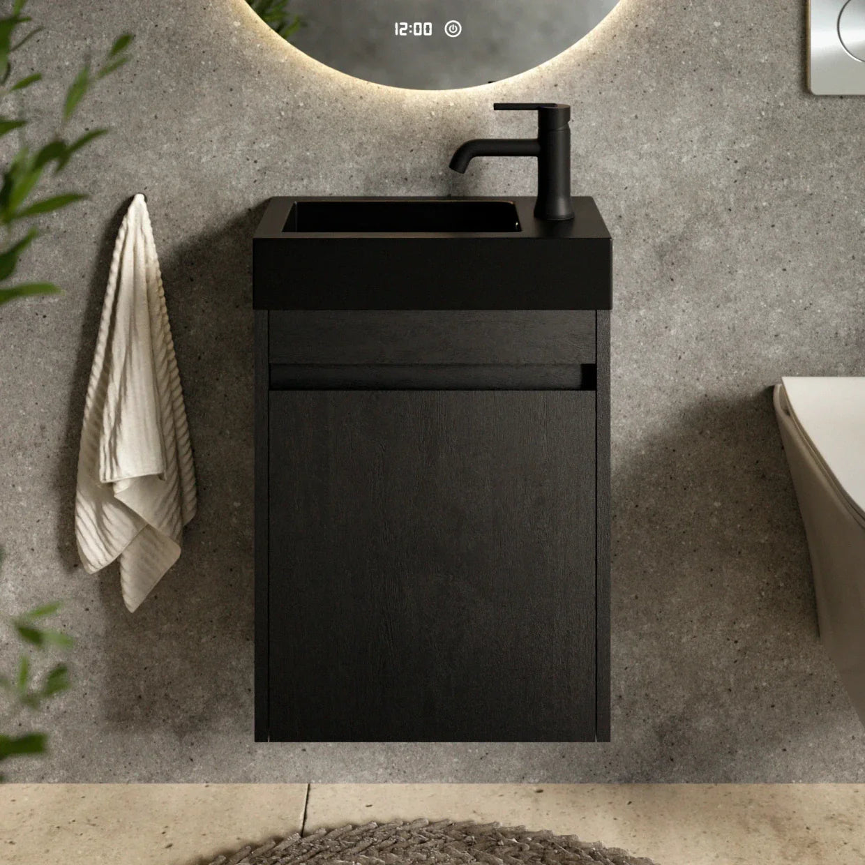 Meuble de toilette Elen – 40 cm – Chêne noir – Vasque noire - Précommander