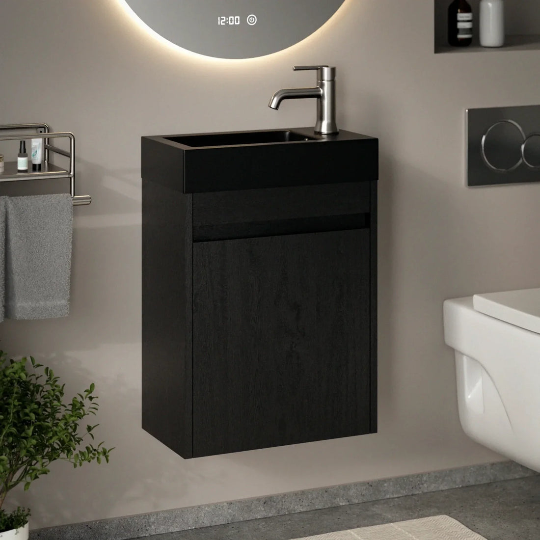 Meuble de toilette Elen – 40 cm – Chêne Noir – Lavabo Noir