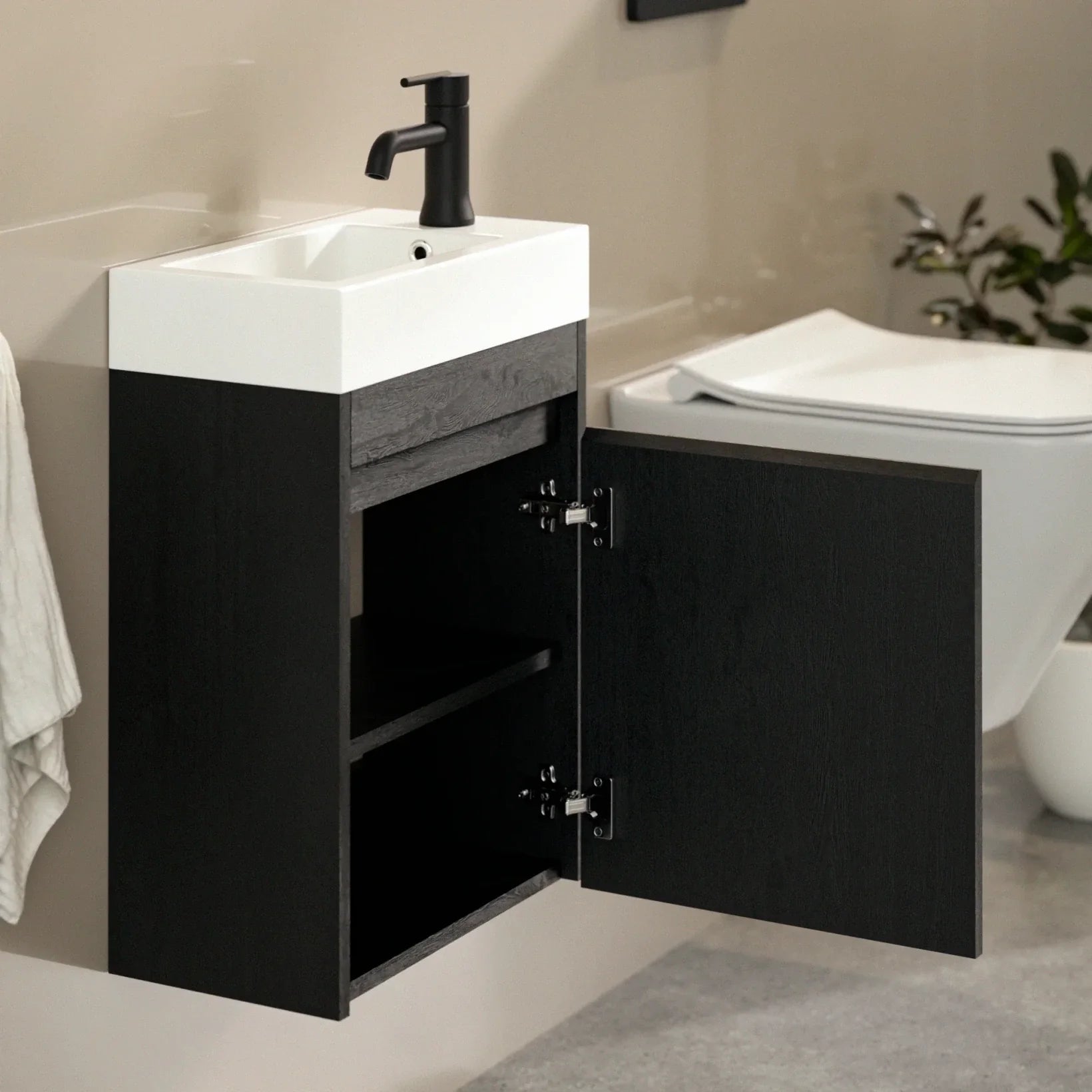 Meuble de toilette Elen – 40 cm – Chêne chaud – Vasque noire - Précommander