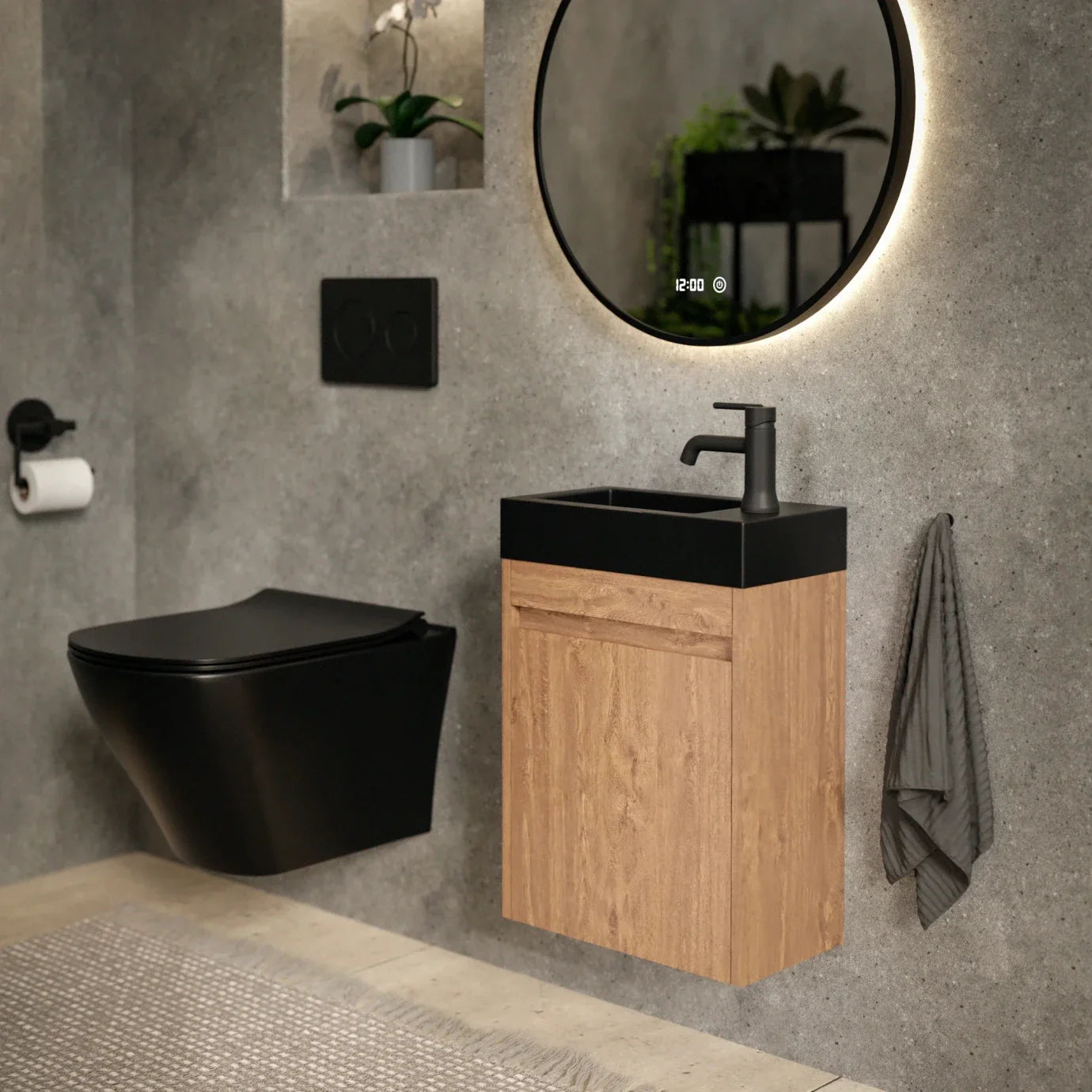 Meuble de toilette Elen – 40 cm – Chêne chaud – Vasque noire - Précommander