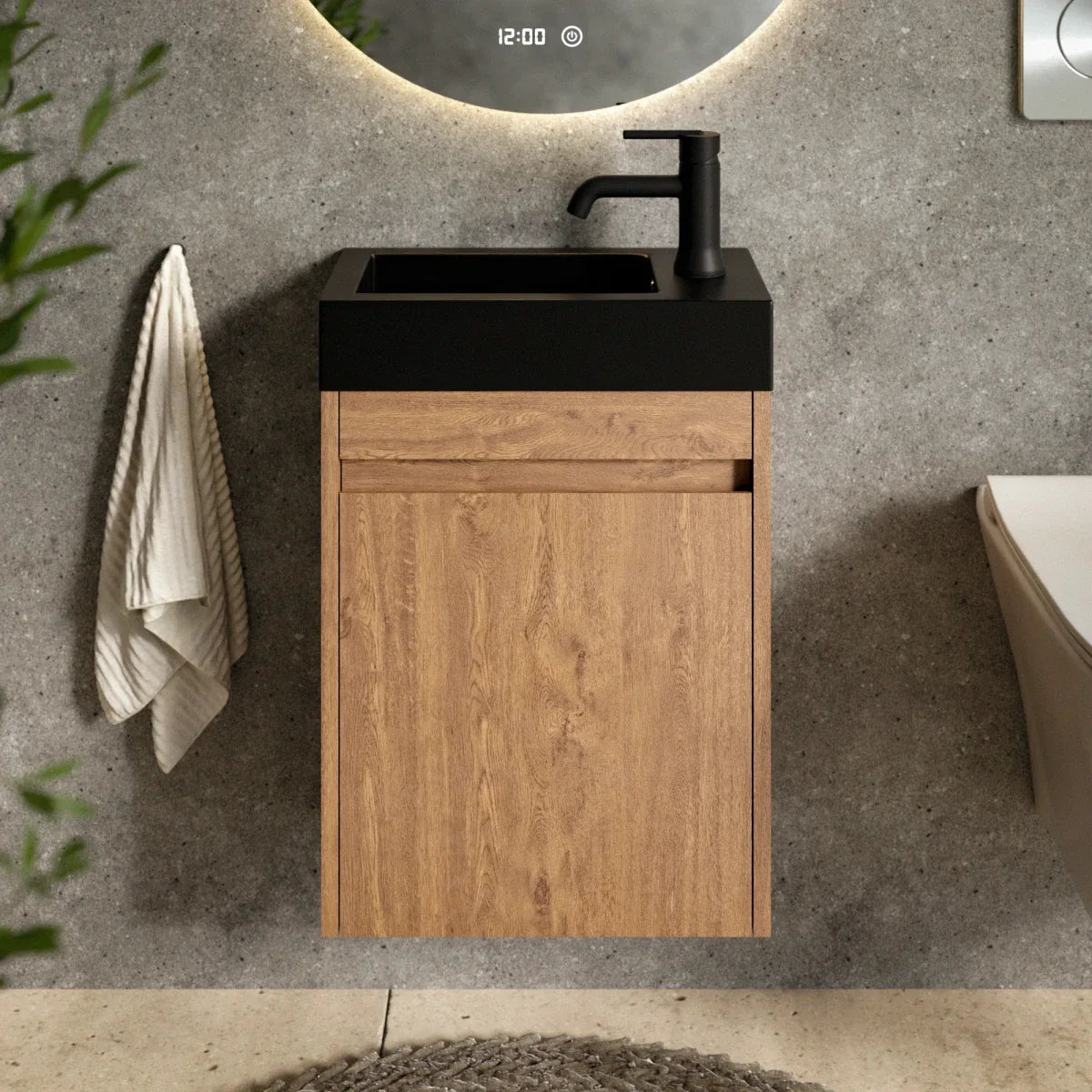 Meuble de toilette Elen – 40 cm – Chêne chaud – Vasque noire - Précommander