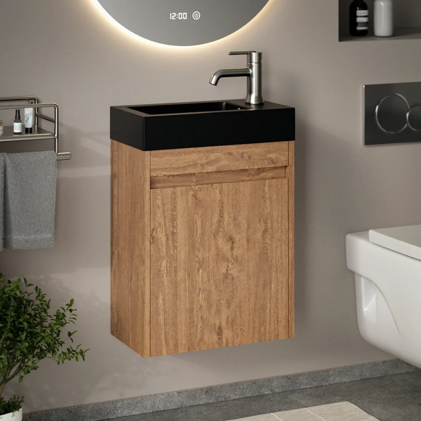 Meuble de toilette Elen – 40 cm – Chêne chaud – Vasque noire - Précommander