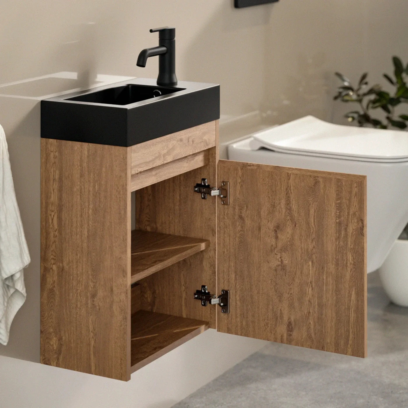 Meuble de toilette Elen – 40 cm – Chêne chaud – Vasque noire - Précommander