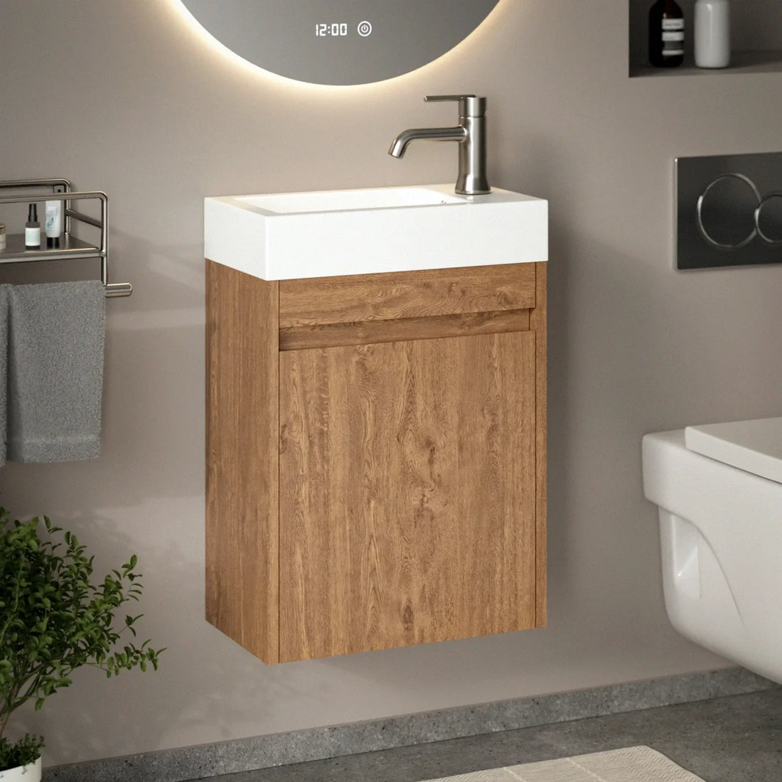 Meuble de toilette Vivo – 40 cm – Chêne Chaud – Lavabo Blanc