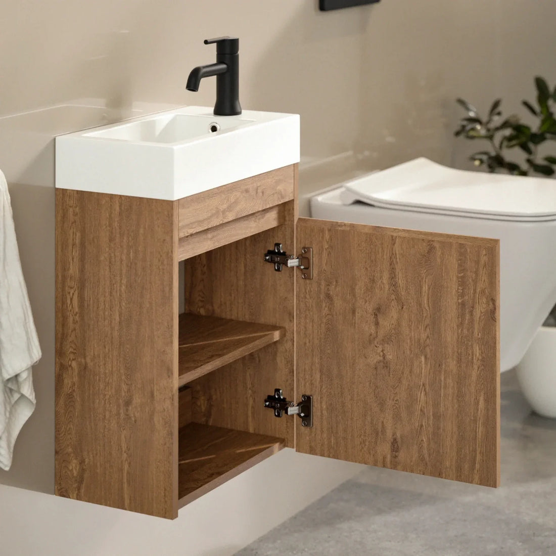 Meuble de toilette Vivo – 40 cm – Chêne Chaud – Lavabo Blanc