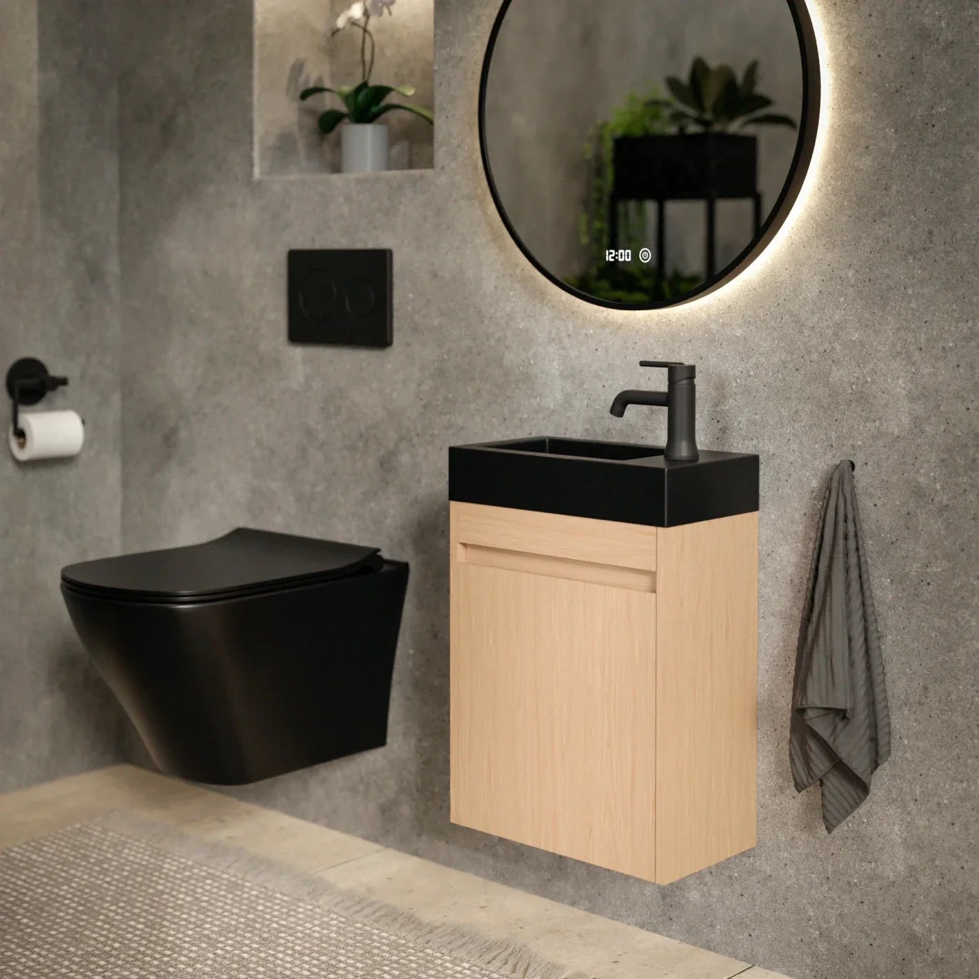 Meuble de toilette Elen – 40 cm – Chêne clair – Vasque noire - Précommander