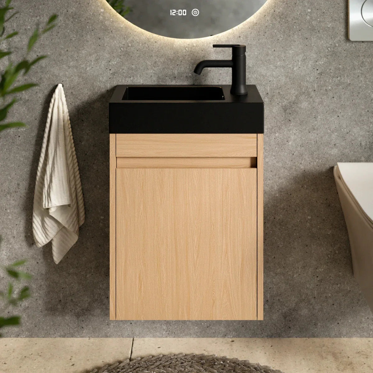 Meuble de toilette Elen – 40 cm – Chêne clair – Vasque noire - Précommander