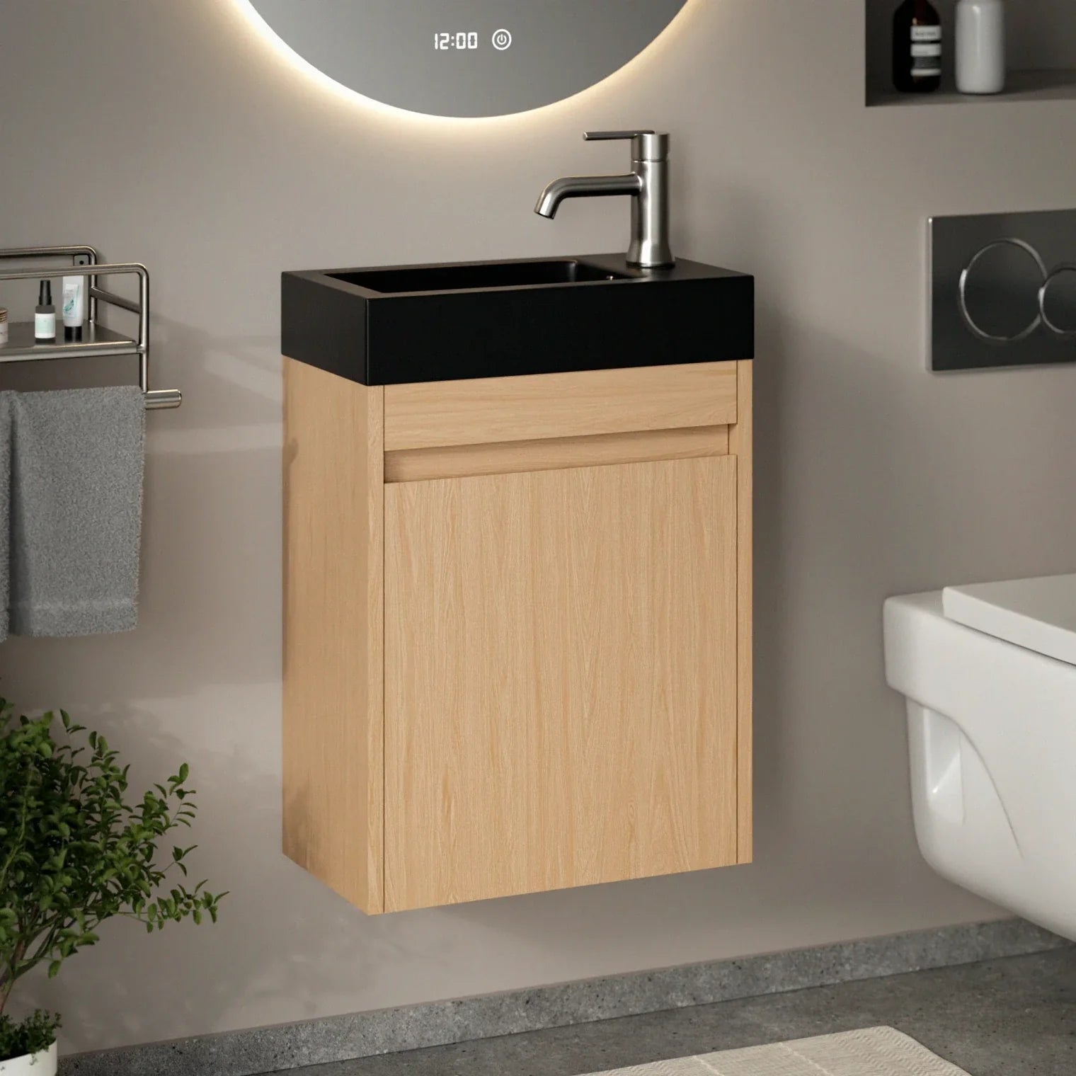 Meuble de toilette Elen – 40 cm – Chêne clair – Vasque noire - Précommander