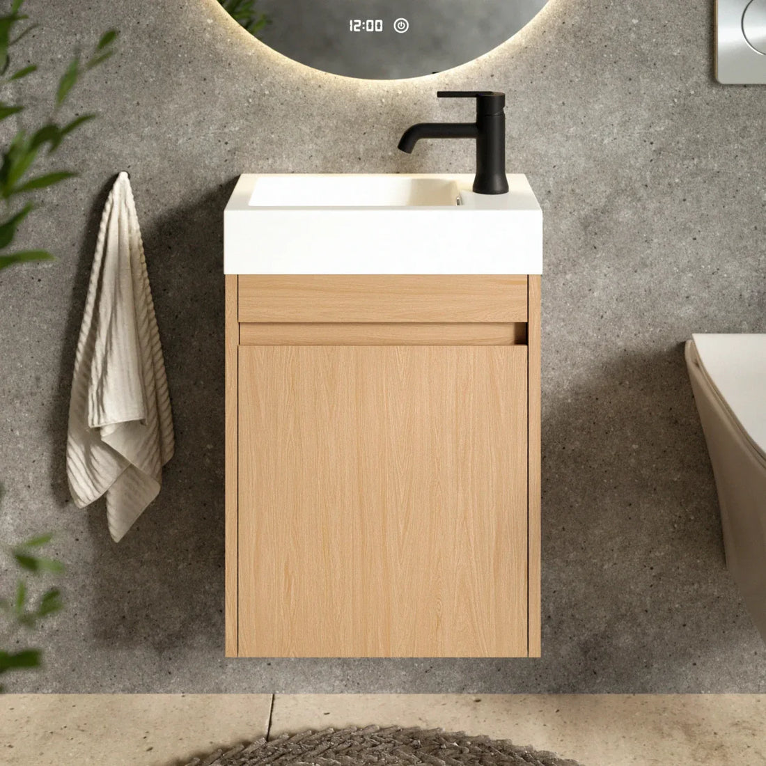 Meuble de toilette Vivo – 40 cm – Chêne Clair – Lavabo Blanc