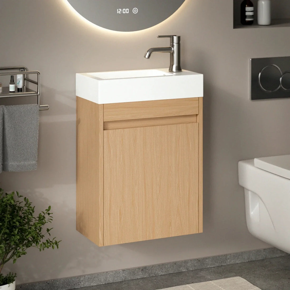 Meuble de toilette Vivo – 40 cm – Chêne Clair – Lavabo Blanc
