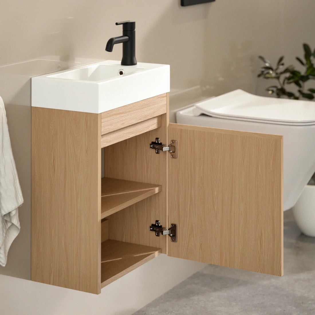 Meuble de toilette Vivo – 40 cm – Chêne Clair – Lavabo Blanc