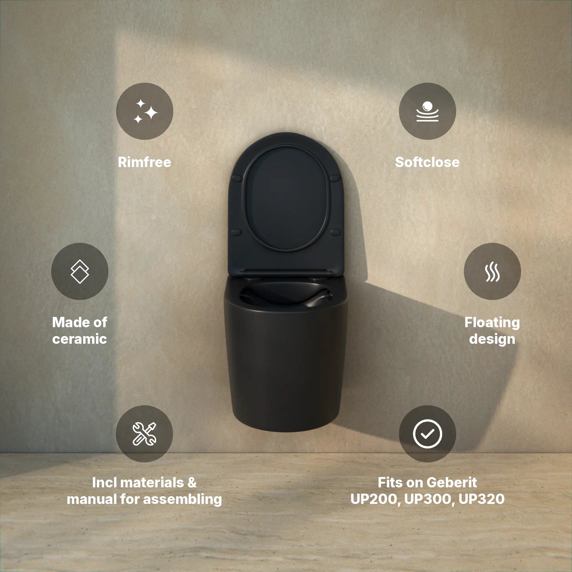 Toilette suspendue Varo - Sans cadre - Abattant Soft-Close - Noir mat