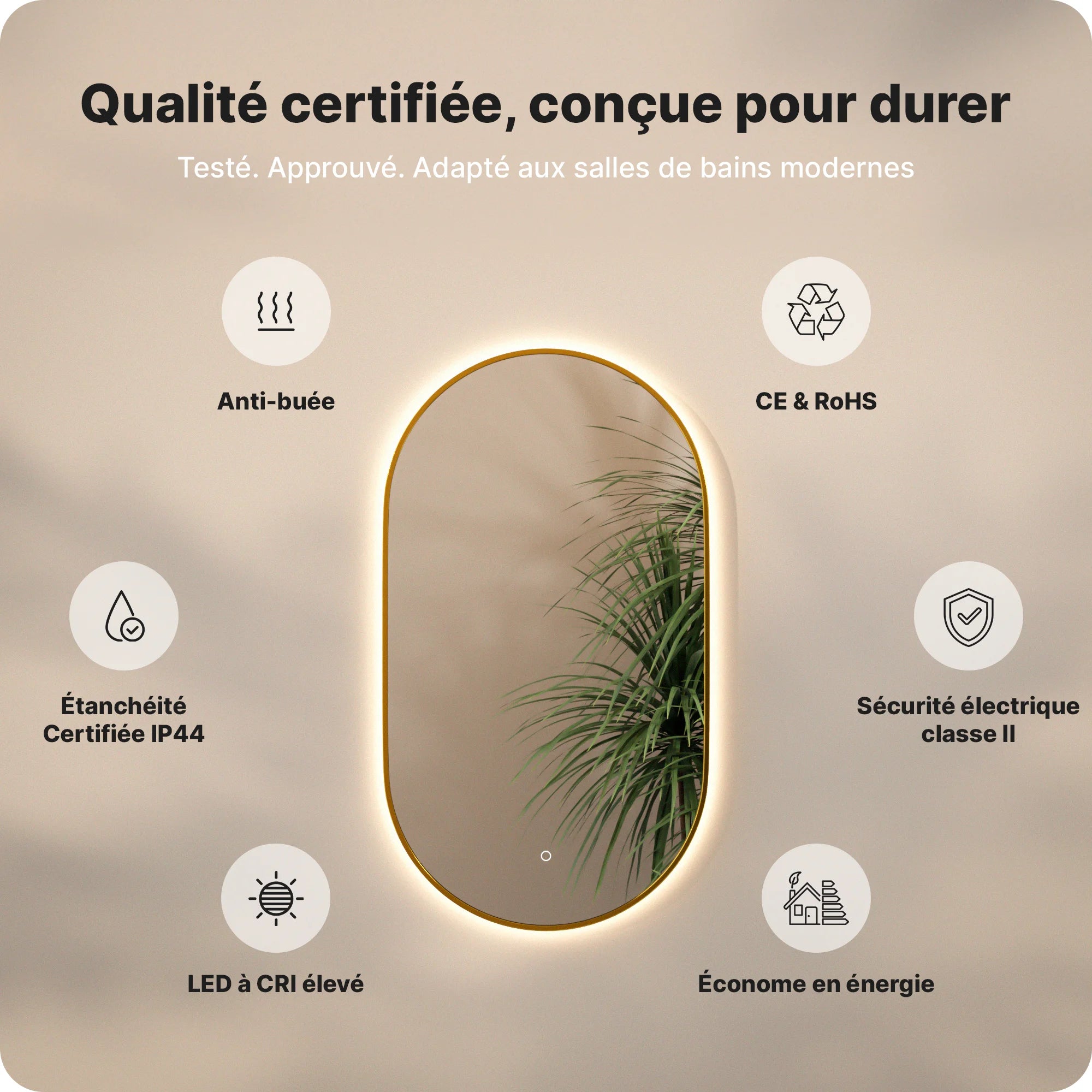 Miroir de salle de bain - 90x50cm Ovale - Cadre Doré - Précommander