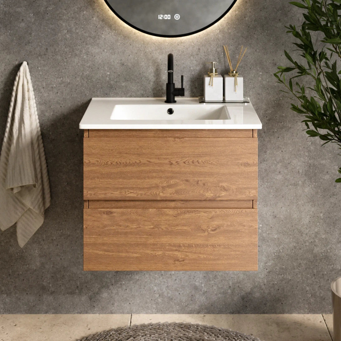 Meuble de salle de bains Norvi - 60 cm - Chêne chaud - Lavabo blanc