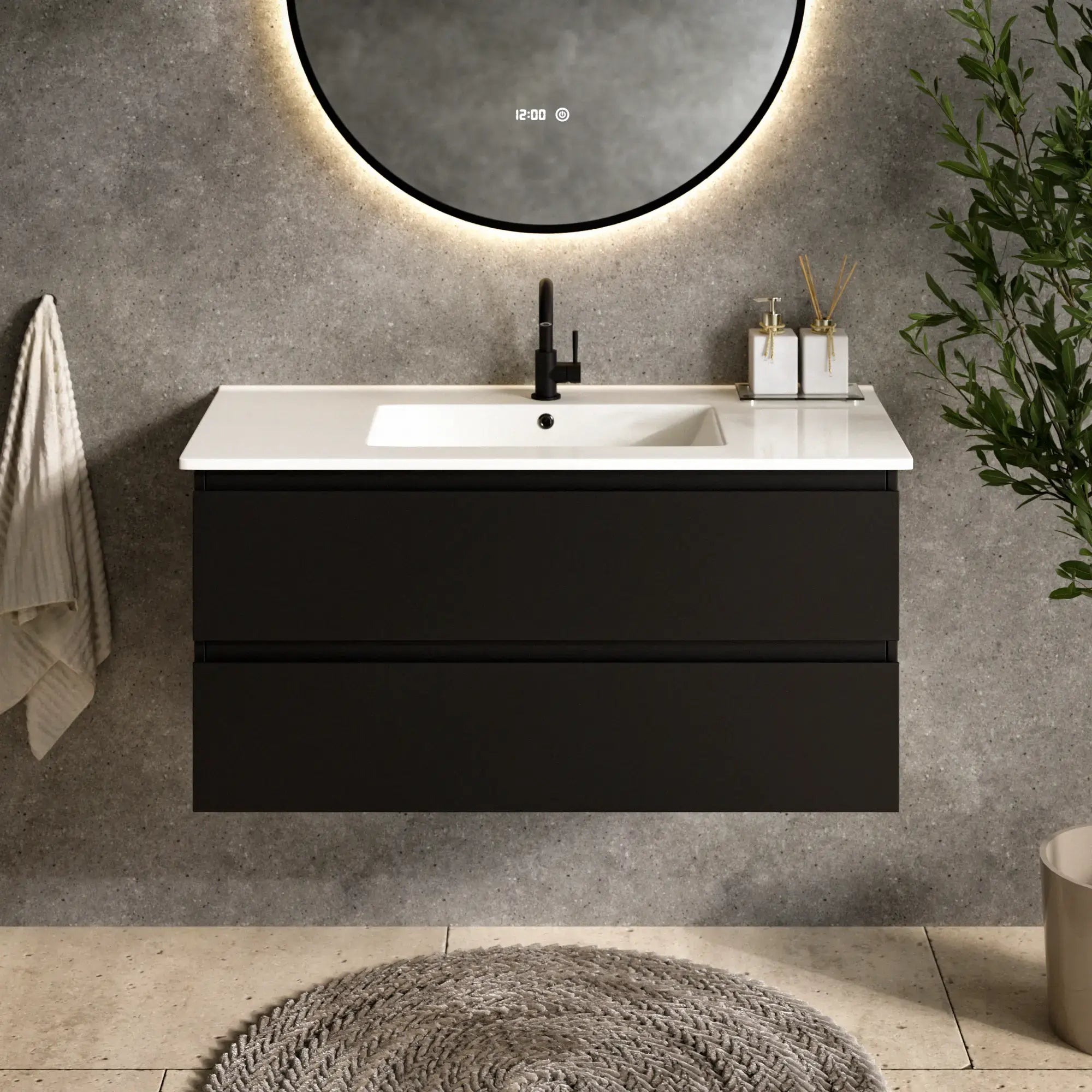 Meuble de salle de bains Varo - 100 cm - Noir - Lavabo blanc - PRÉCOMMANDE