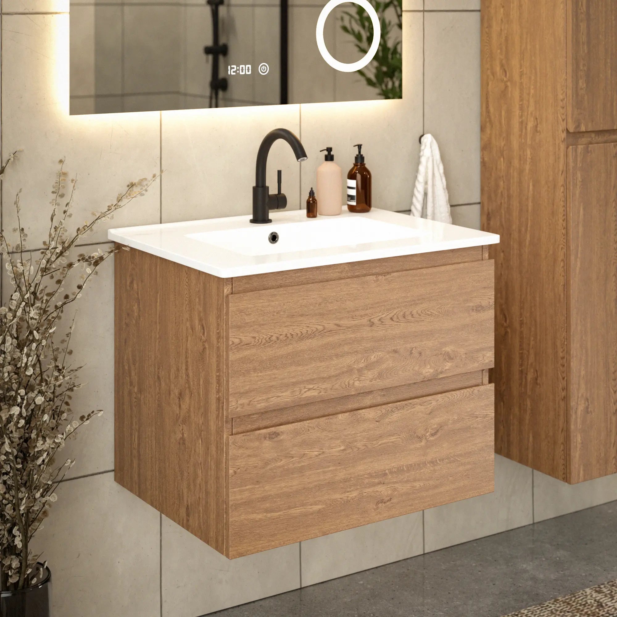 Meuble de salle de bains Norvi - 60 cm - Chêne chaud - Lavabo blanc