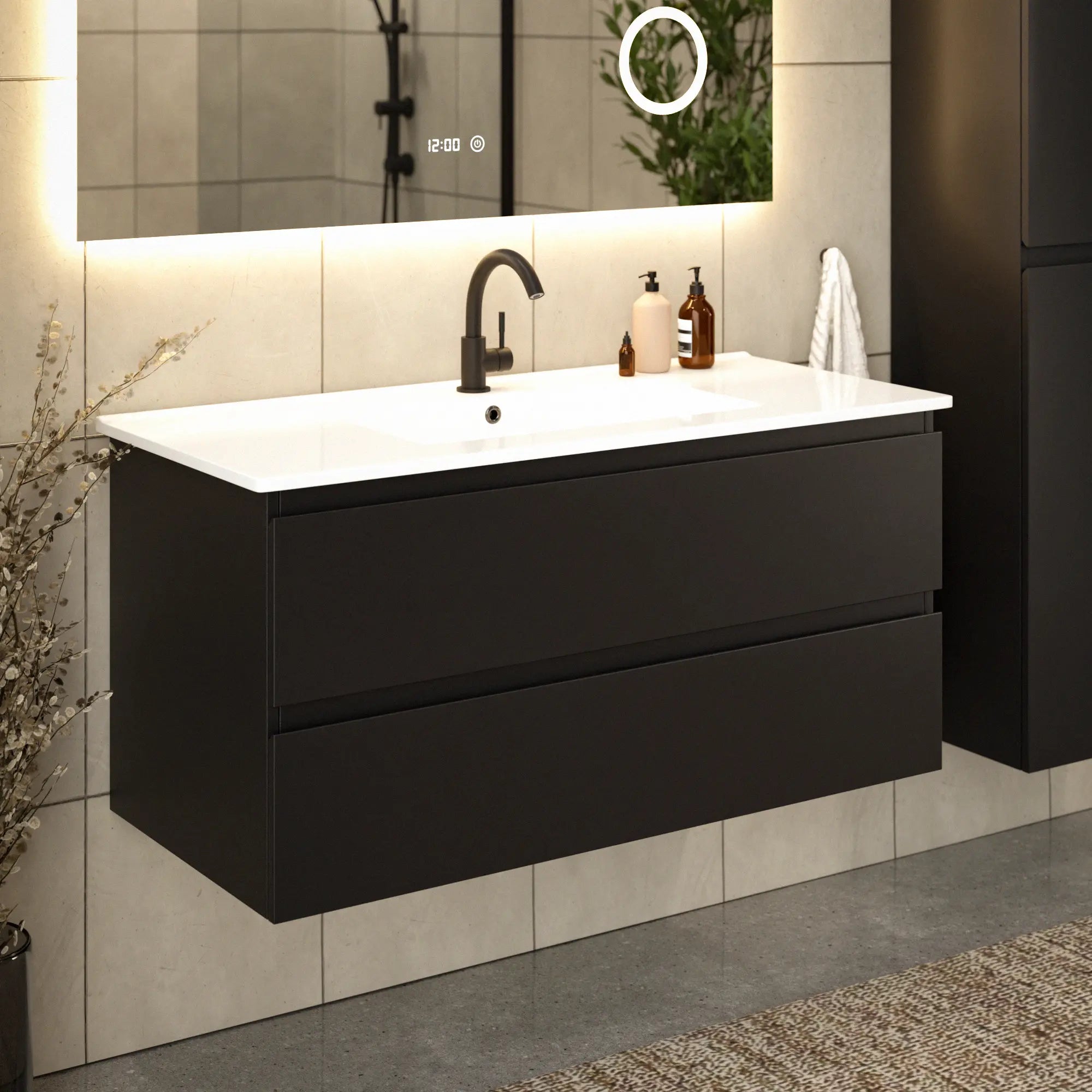 Meuble de salle de bains Varo - 100 cm - Noir - Lavabo blanc - PRÉCOMMANDE