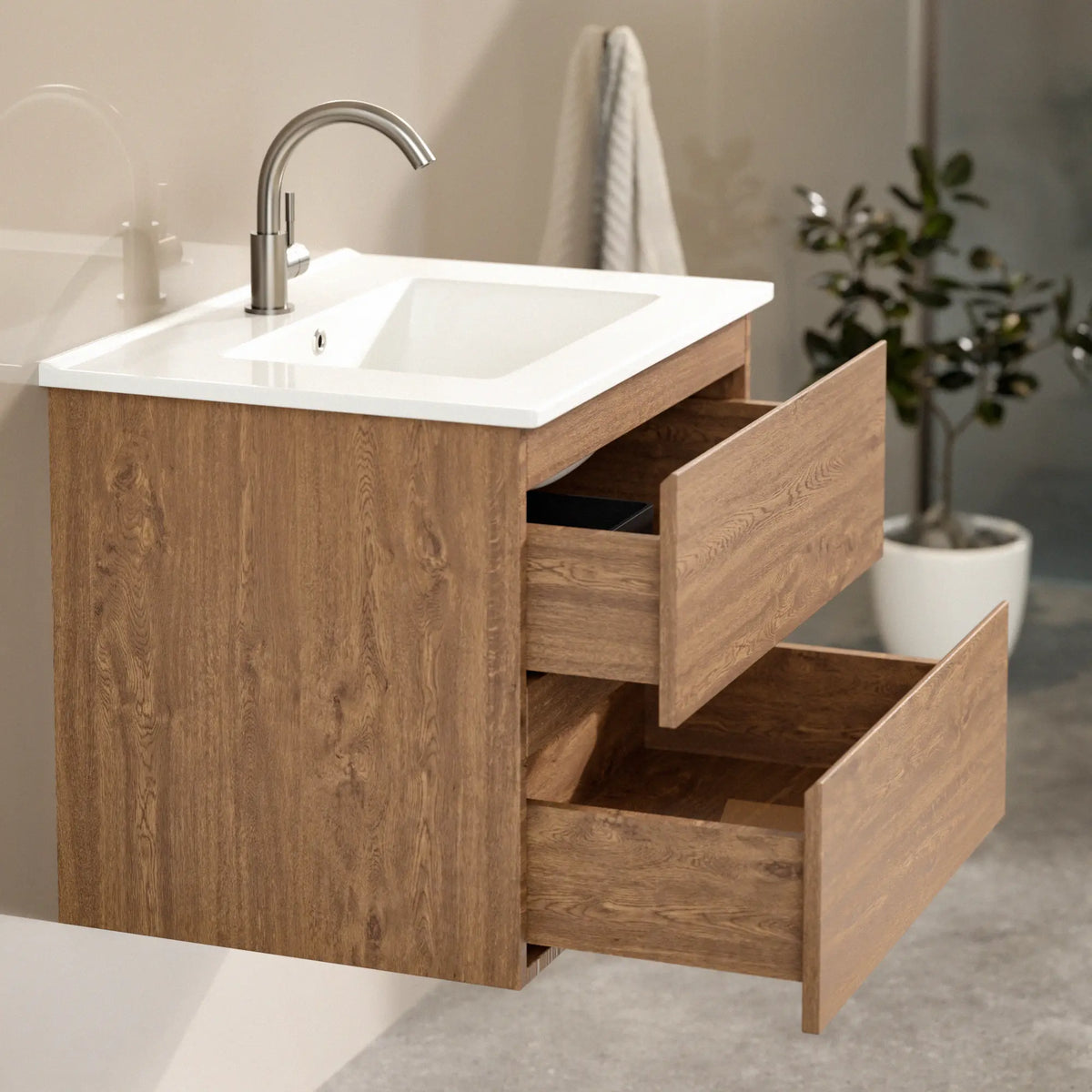 Meuble de salle de bains Norvi - 60 cm - Chêne chaud - Lavabo blanc