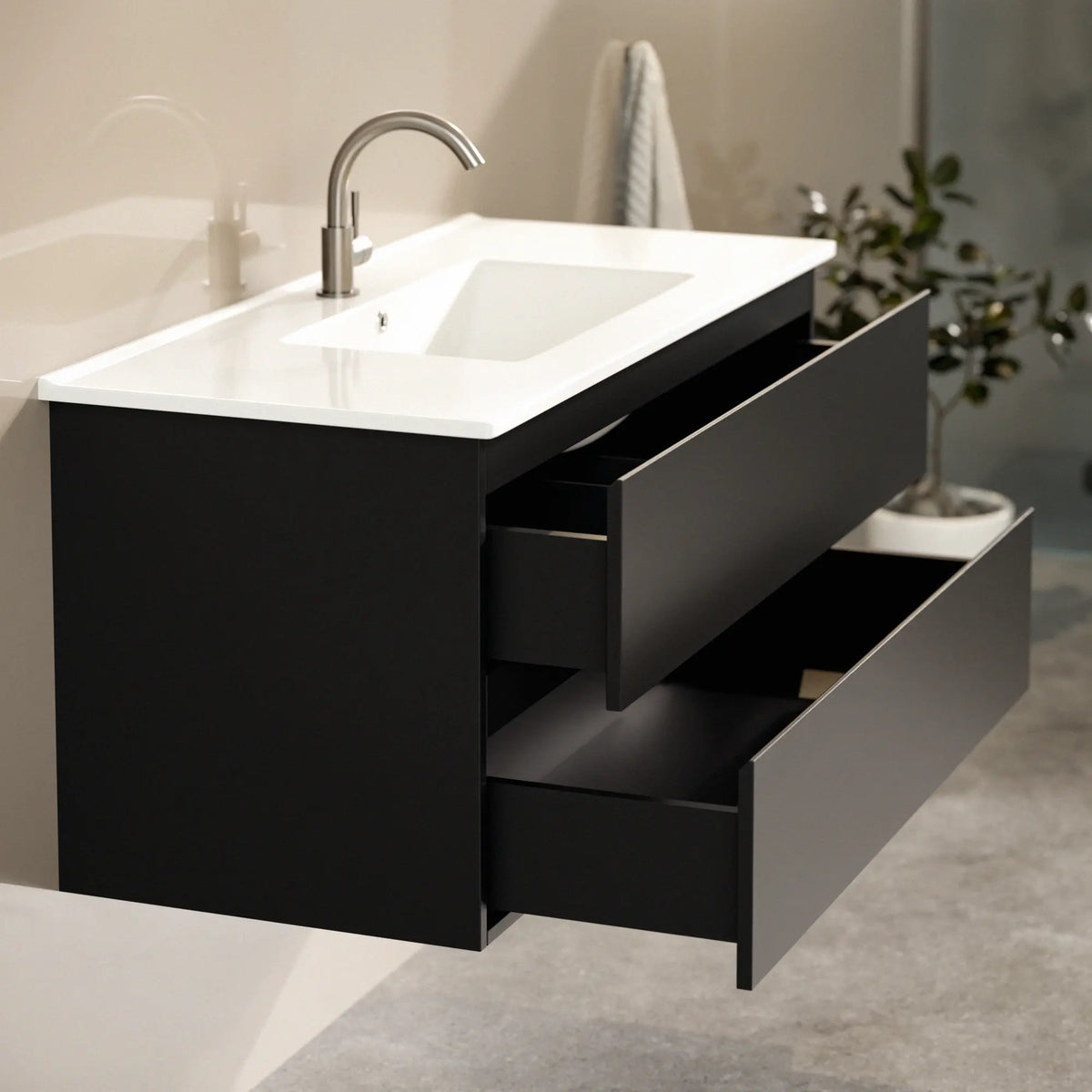 Meuble de salle de bains Varo - 100 cm - Noir - Lavabo blanc