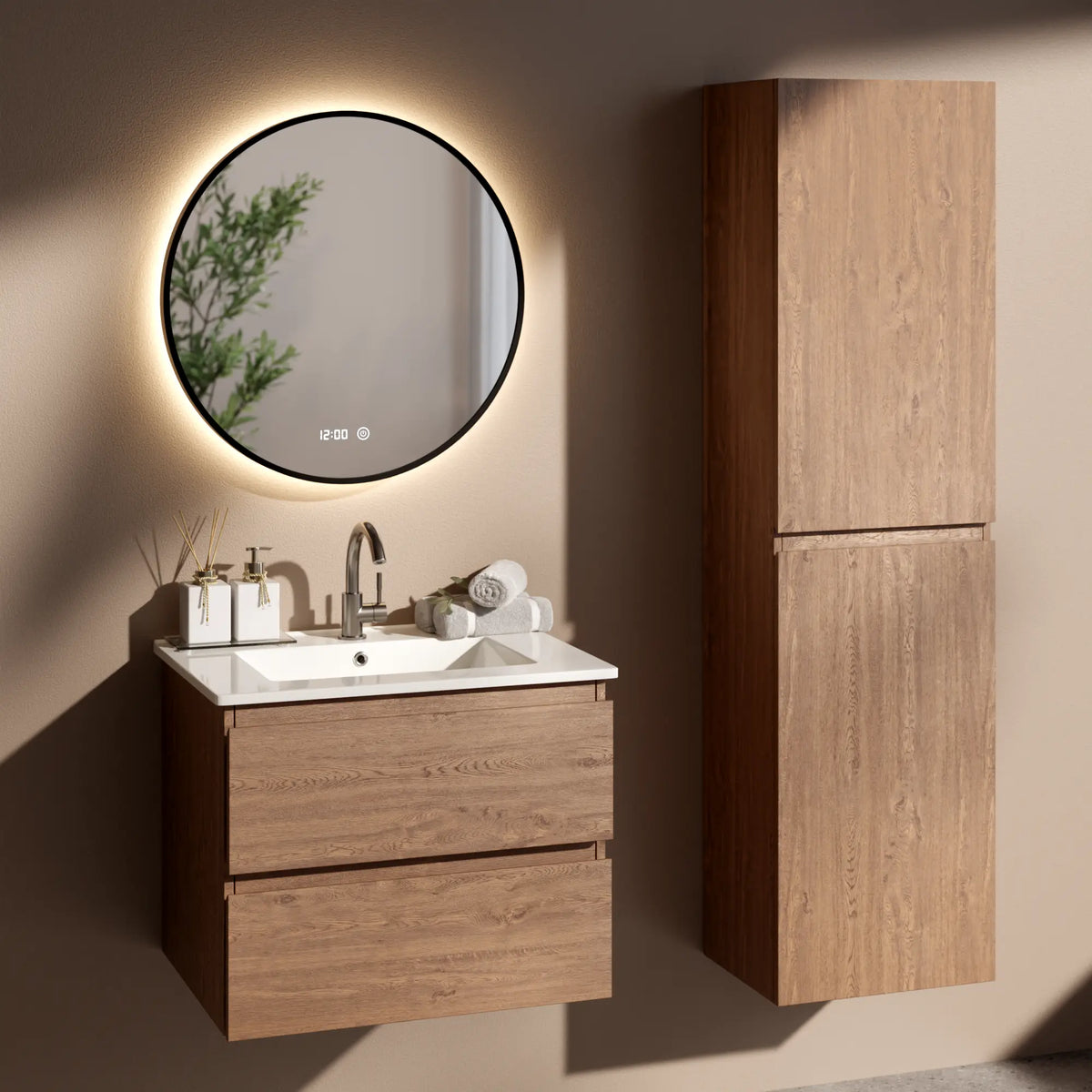 Meuble de salle de bains Norvi - 60 cm - Chêne chaud - Lavabo blanc